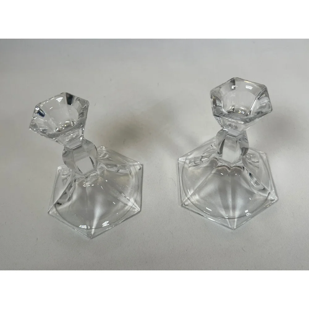 Vintage 24% Lead Crystal Hexagon Taper Candle Holders Set of 2 Made in USA 4in